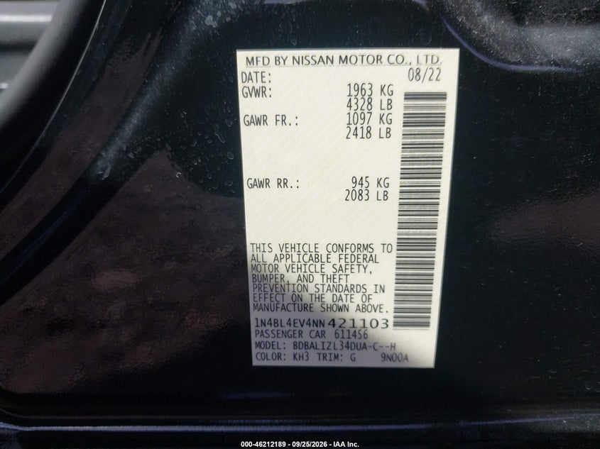 NISSAN ALTIMA 2022 VIN 1N4BL4EV4NN421103