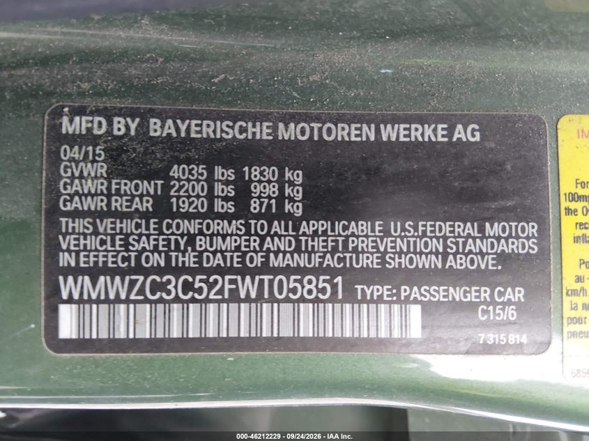 MINI COUNTRYMAN 2015 VIN WMWZC3C52FWT05851