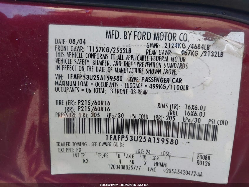 FORD TAURUS 2005 VIN 1FAFP53U25A159580