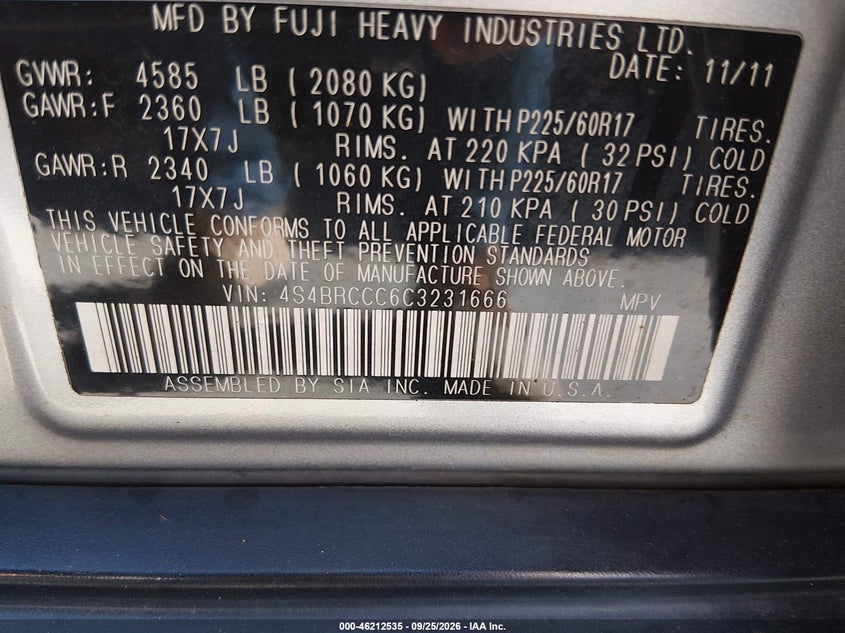 SUBARU OUTBACK 2012 VIN 4S4BRCCC6C3231666
