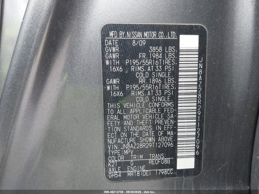 NISSAN CUBE 2009 VIN JN8AZ28R29T127096