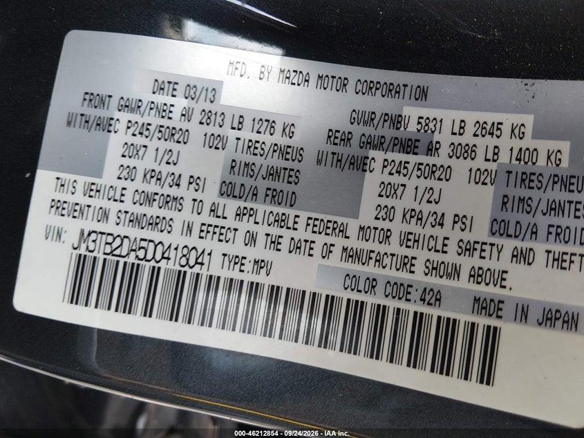 MAZDA CX-9 2013 VIN JM3TB2DA5D0418041