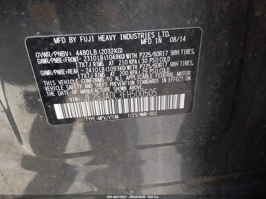 SUBARU FORESTER 2015 VIN JF2SJADC3FH500505