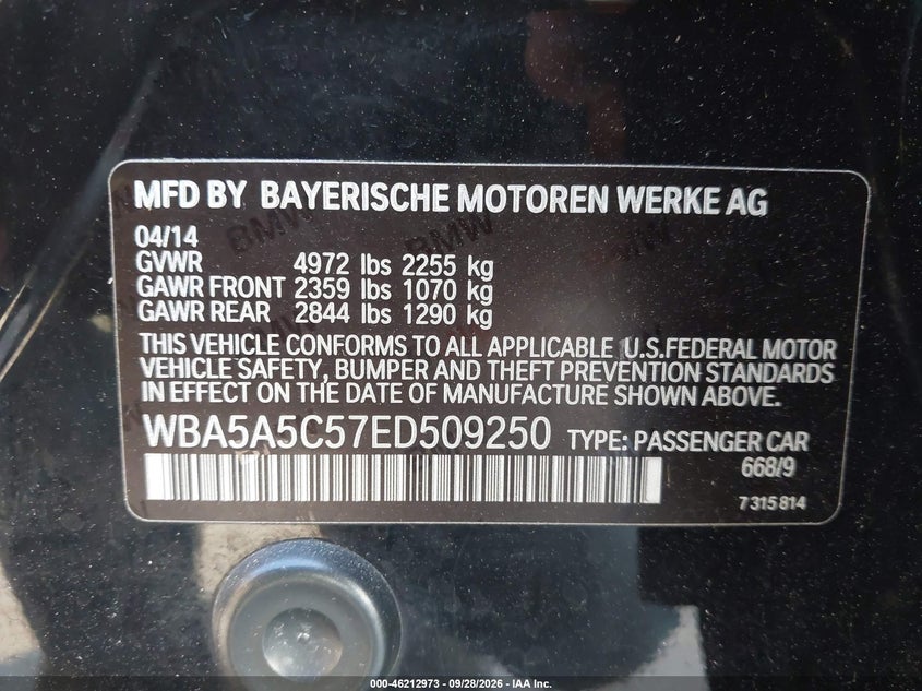 BMW 528I 2014 VIN WBA5A5C57ED509250