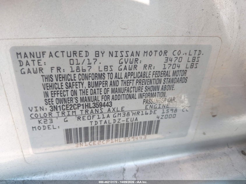 NISSAN VERSA NOTE 2017 VIN 3N1CE2CP1HL359443