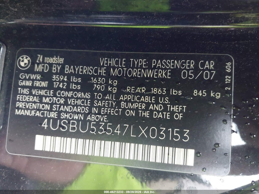 BMW Z4 2007 VIN 4USBU53547LX03153