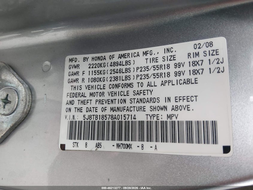 ACURA RDX 2008 VIN 5J8TB18578A015714