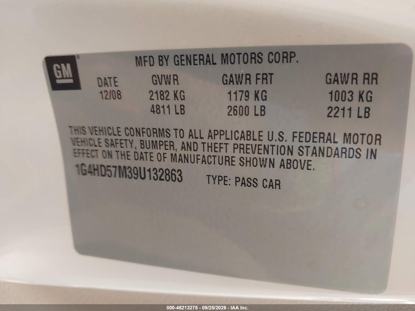 BUICK LUCERNE 2009 VIN 1G4HD57M39U132863