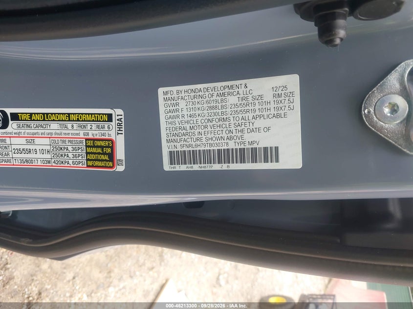 HONDA ODYSSEY 2026 VIN 5FNRL6H79TB030378