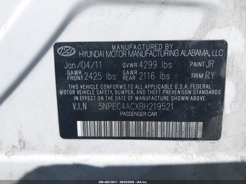 HYUNDAI SONATA 2011 VIN 5NPEC4ACXBH219521