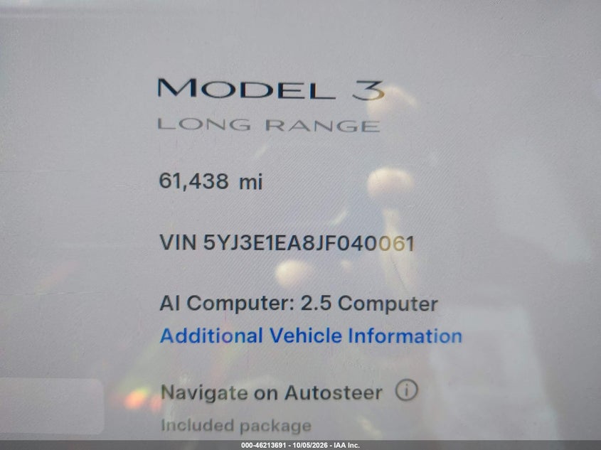 TESLA MODELO 3 2018 VIN 5YJ3E1EA8JF040061