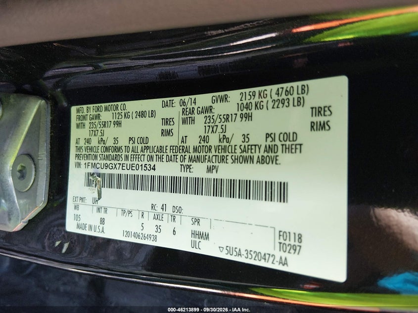 FORD ESCAPE 2014 VIN 1FMCU9GX7EUE01534
