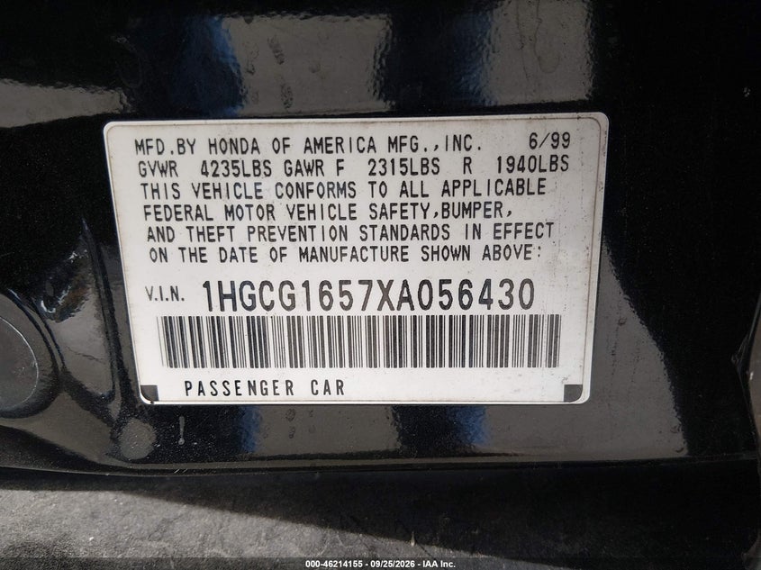 HONDA ACCORD SDN 1999 VIN 1HGCG1657XA056430