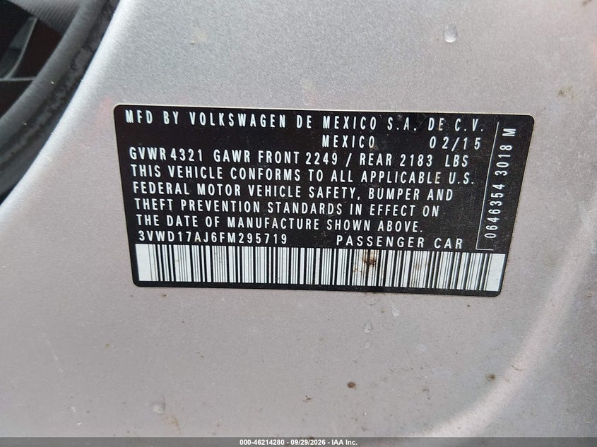 VOLKSWAGEN JETTA 2015 VIN 3VWD17AJ6FM295719