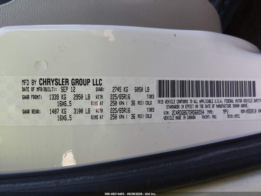 DODGE GRAND CARAVAN 2013 VIN 2C4RDGBG7DR566554