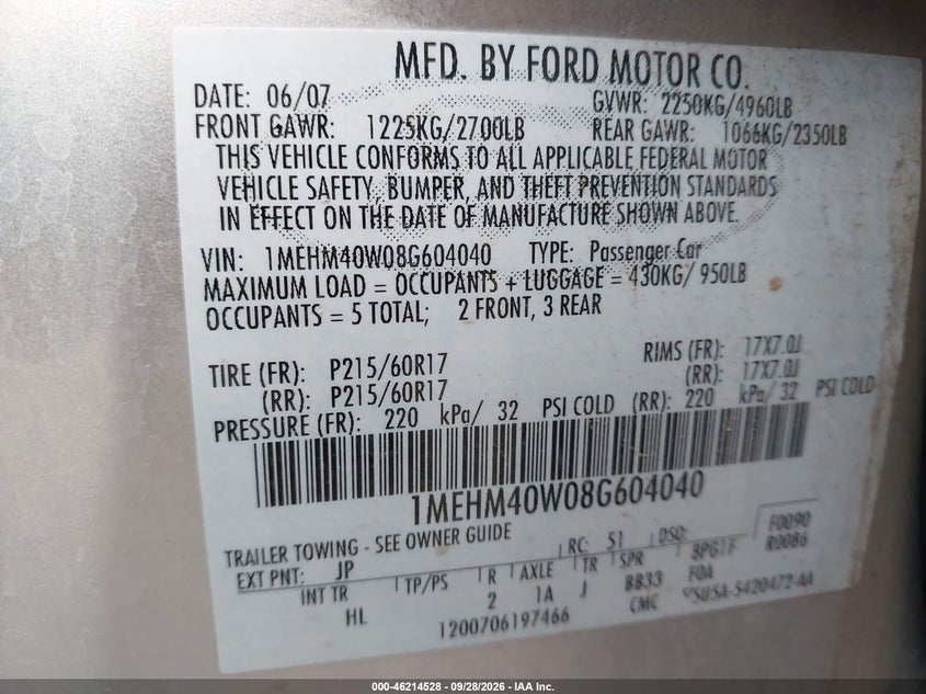 MERCURY SABLE 2008 VIN 1MEHM40W08G604040