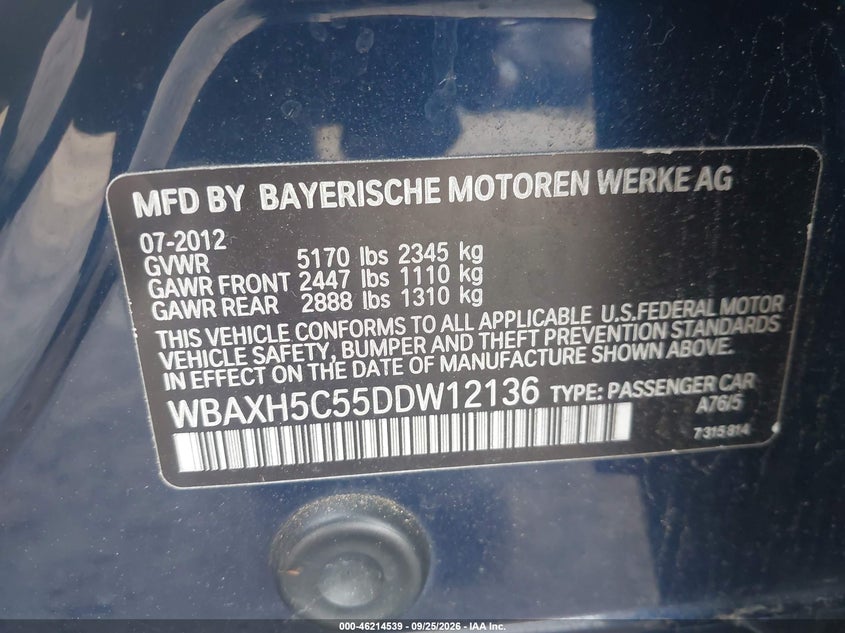 BMW 528I 2013 VIN WBAXH5C55DDW12136