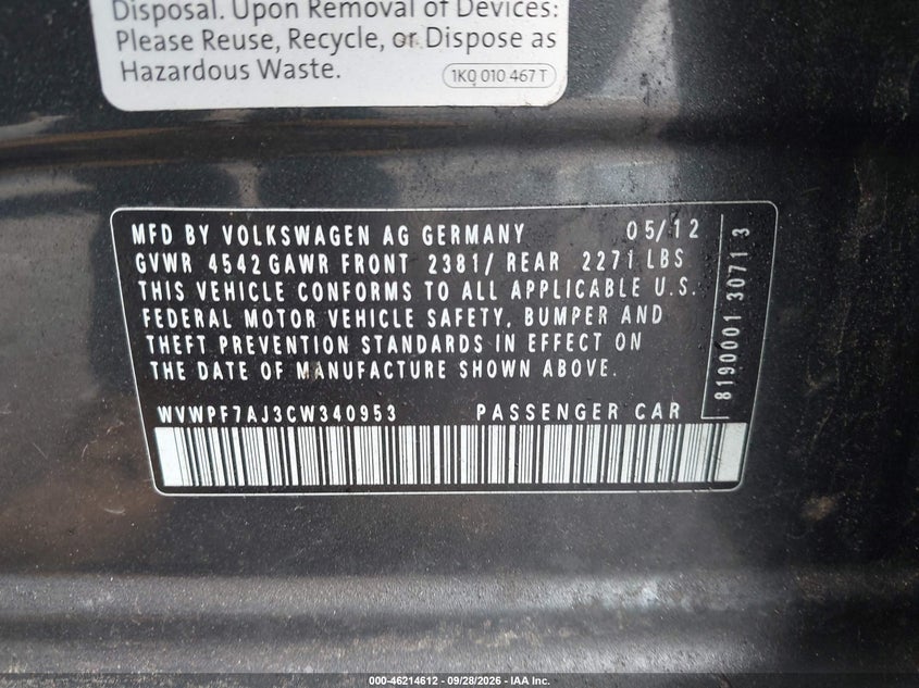 VOLKSWAGEN GOLF R 2012 VIN WVWPF7AJ3CW340953
