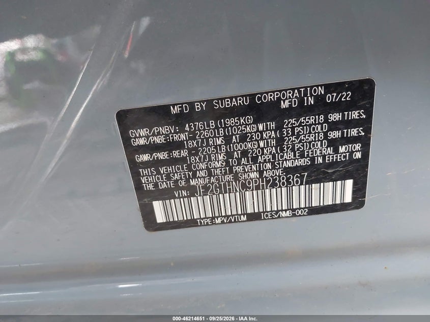 SUBARU CROSSTREK 2023 VIN JF2GTHNC9PH238367