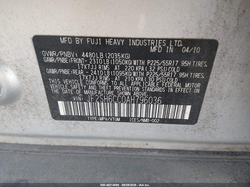 SUBARU FORESTER 2010 VIN JF2SH6CC0AH796036