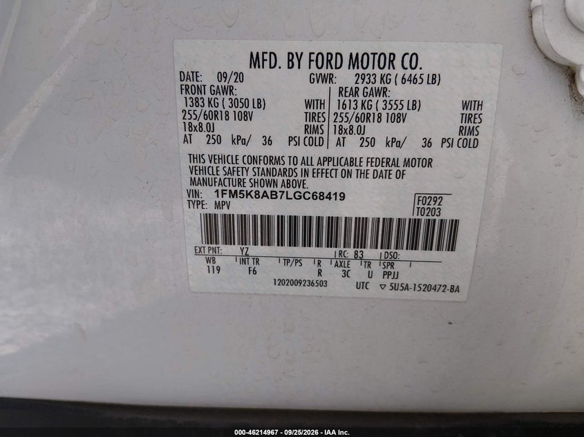 FORD POLICE INTERCEPTOR UTILITY 2020 VIN 1FM5K8AB7LGC68419