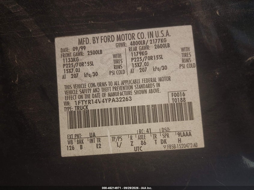 FORD RANGER 2000 VIN 1FTYR14V4YPA32263