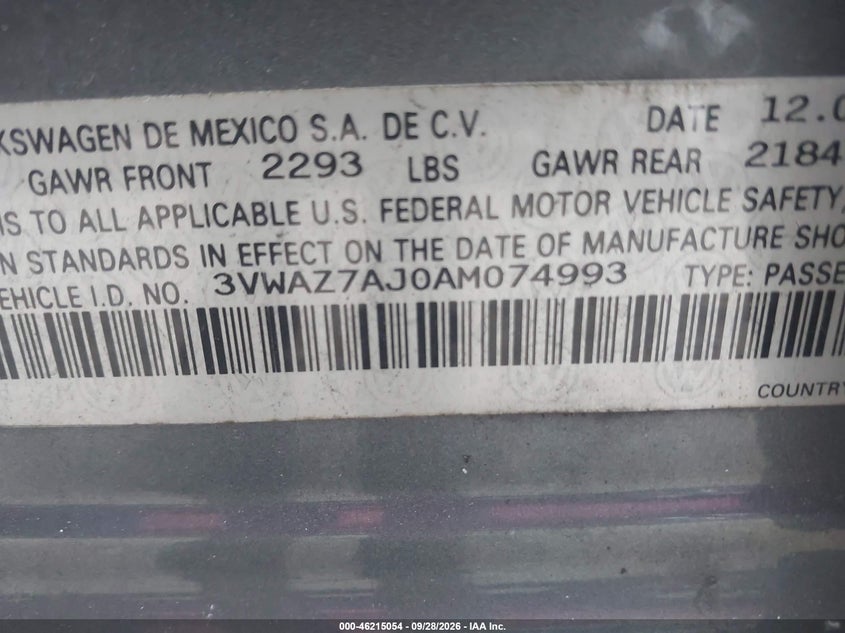 VOLKSWAGEN JETTA 2010 VIN 3VWAZ7AJ0AM074993