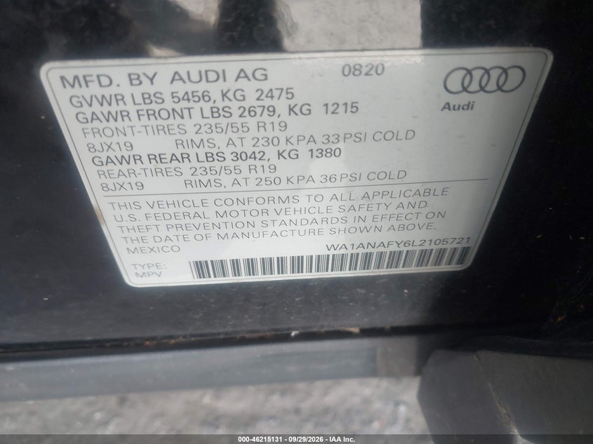 AUDI Q5 2020 VIN WA1ANAFY6L2105721