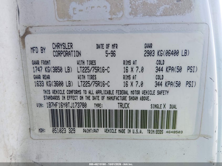 DODGE RAM 1500 1996 VIN 1B7HF16Y0TJ173780