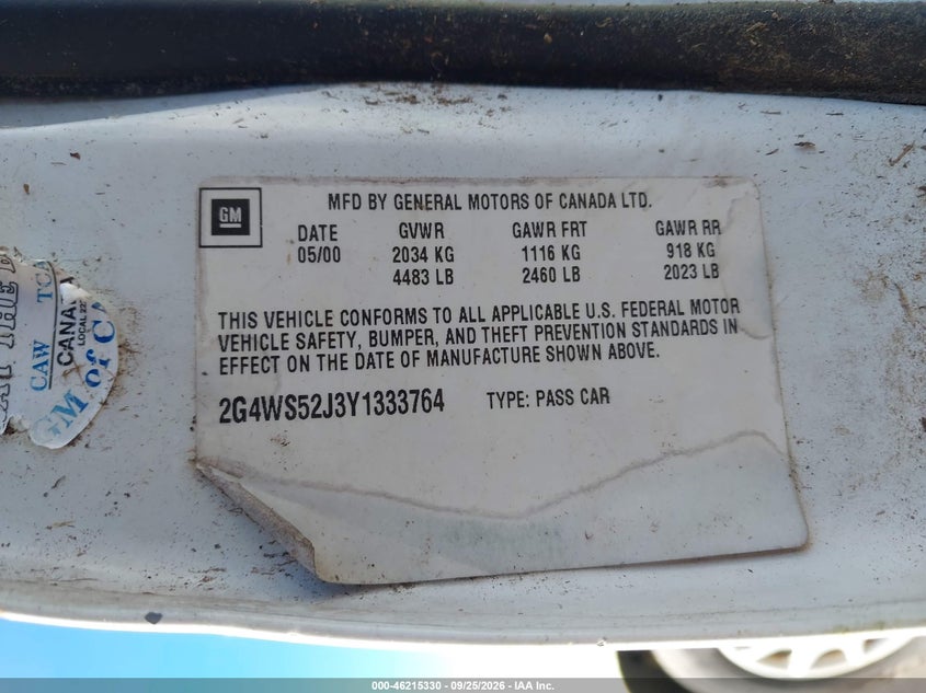 BUICK CENTURY 2000 VIN 2G4WS52J3Y1333764