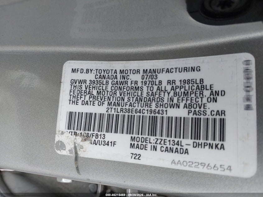 TOYOTA MATRIX 2004 VIN 2T1LR38E64C196431