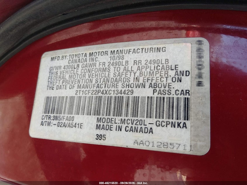 TOYOTA CAMRY SOLARA 1999 VIN 2T1CF22P4XC134429