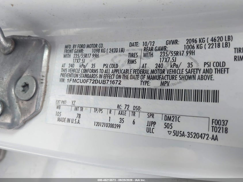 FORD ESCAPE 2013 VIN 1FMCU0F72DUB71672