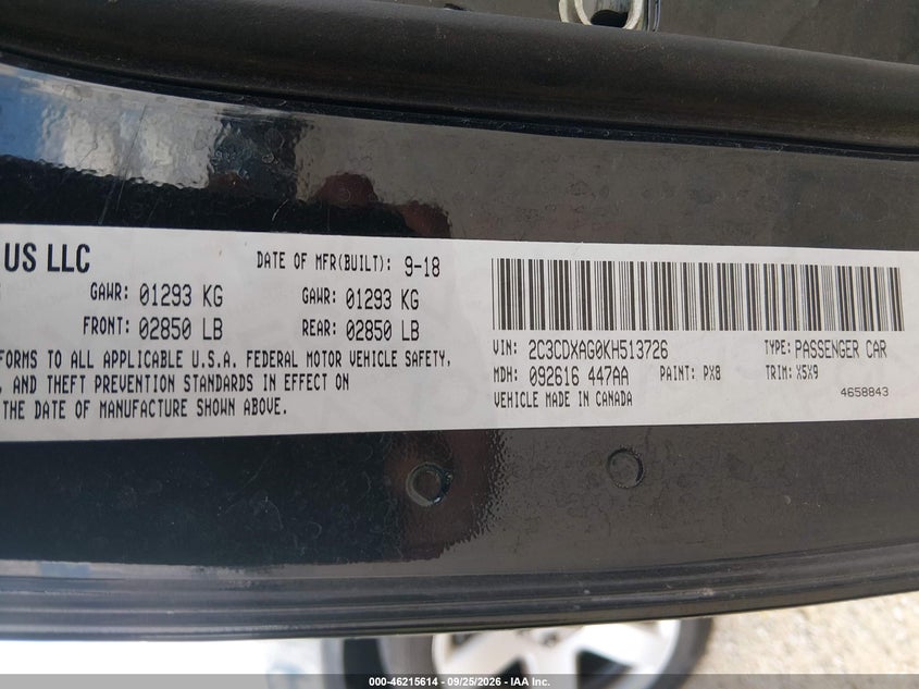 DODGE CHARGER 2019 VIN 2C3CDXAG0KH513726