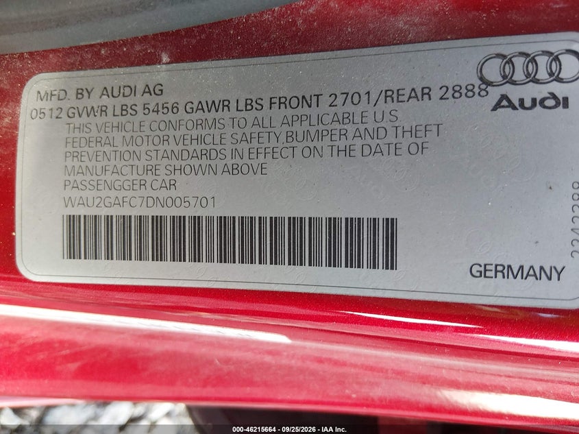 AUDI A7 2013 VIN WAU2GAFC7DN005701