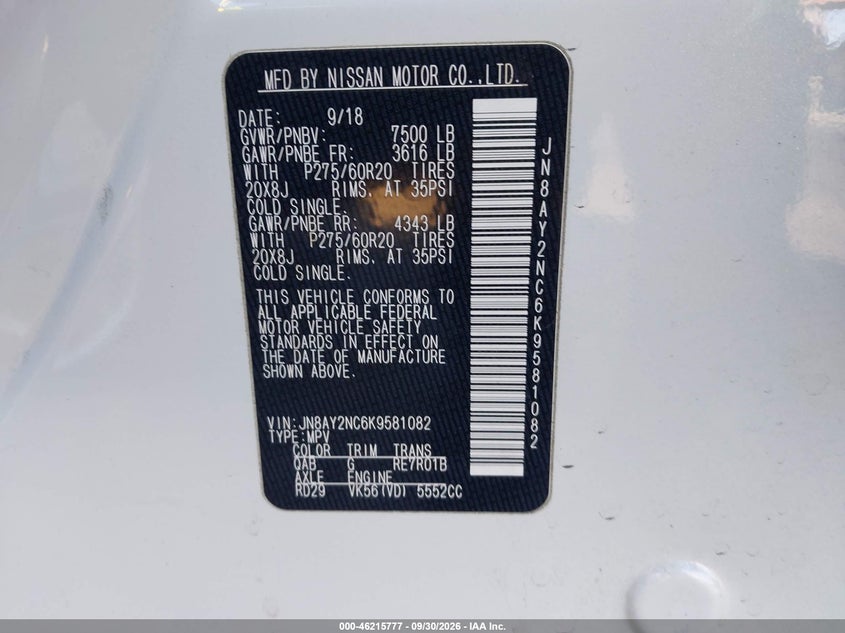 NISSAN ARMADA 2019 VIN JN8AY2NC6K9581082