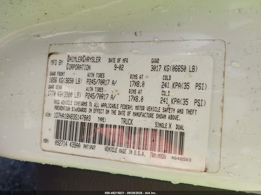 DODGE RAM 1500 2003 VIN 1D7HA18N83S147803