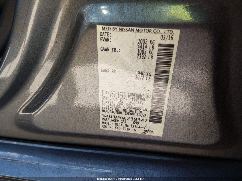 NISSAN ALTIMA 2016 VIN 1N4BL3APXGC239342
