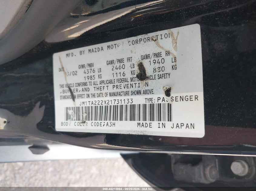 MAZDA MILLENIA 2002 VIN JM1TA222X21731133