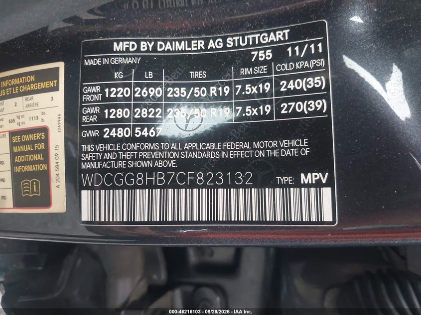 MERCEDES-BENZ GLK 350 2012 VIN WDCGG8HB7CF823132