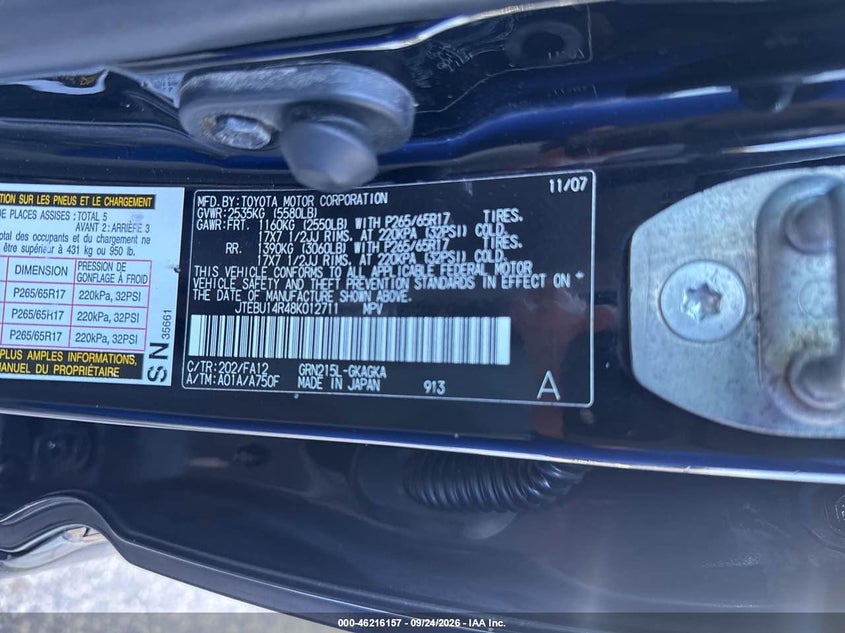 TOYOTA 4RUNNER 2008 VIN JTEBU14R48K012711