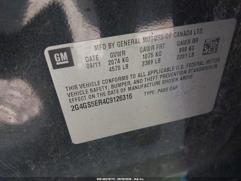 BUICK REGAL 2012 VIN 2G4GS5ER4C9126316