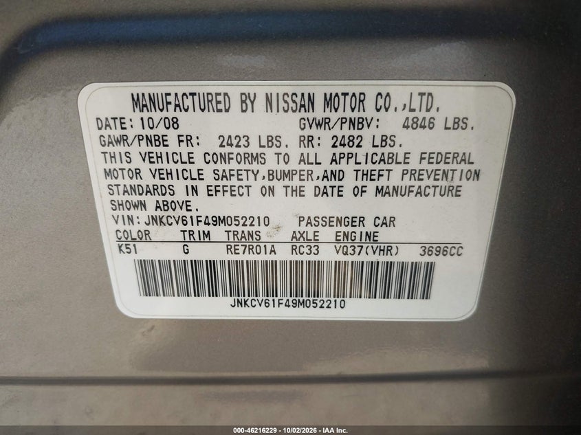 INFINITI G37X 2009 VIN JNKCV61F49M052210