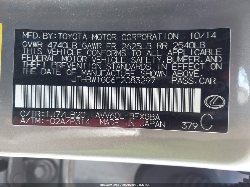 LEXUS ES 300H 2015 VIN JTHBW1GG6F2083297