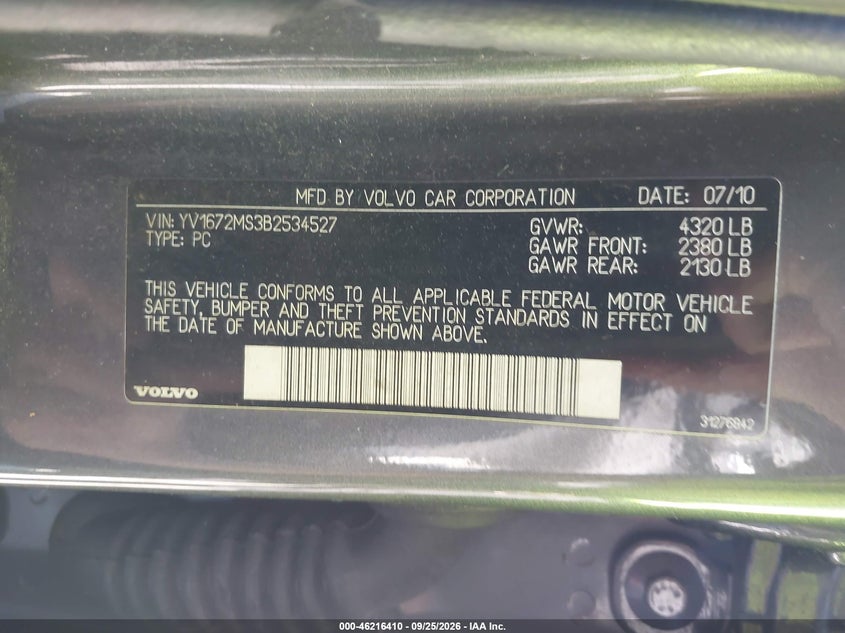 VOLVO S40 2011 VIN YV1672MS3B2534527
