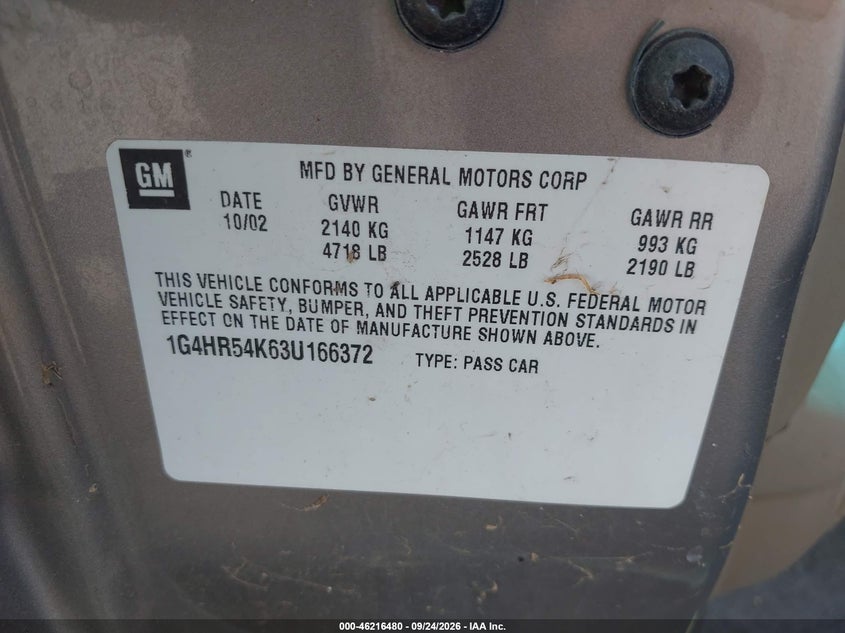 BUICK LESABRE 2003 VIN 1G4HR54K63U166372