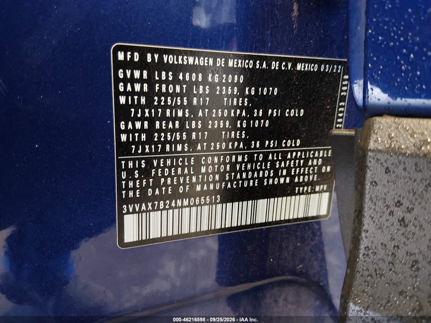 VOLKSWAGEN TAOS 2022 VIN 3VVAX7B24NM065513
