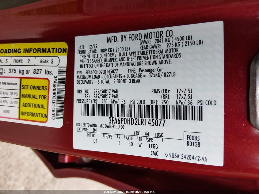 FORD FUSION 2020 VIN 3FA6P0HD2LR145077