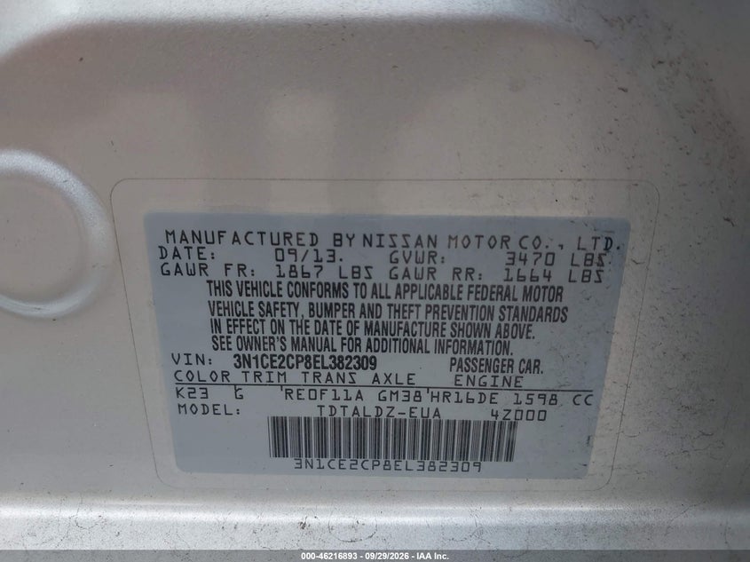 NISSAN VERSA NOTE 2014 VIN 3N1CE2CP8EL382309
