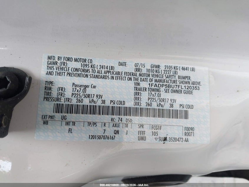 FORD C-MAX HYBRID 2015 VIN 1FADP5BU7FL120353
